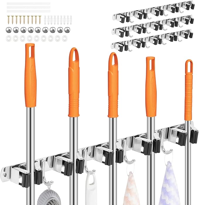 3Pcs 5 Racks 4 Hooks Stainless Steel Broom Mop Holder Anti Slip Wall Mount by Unknown