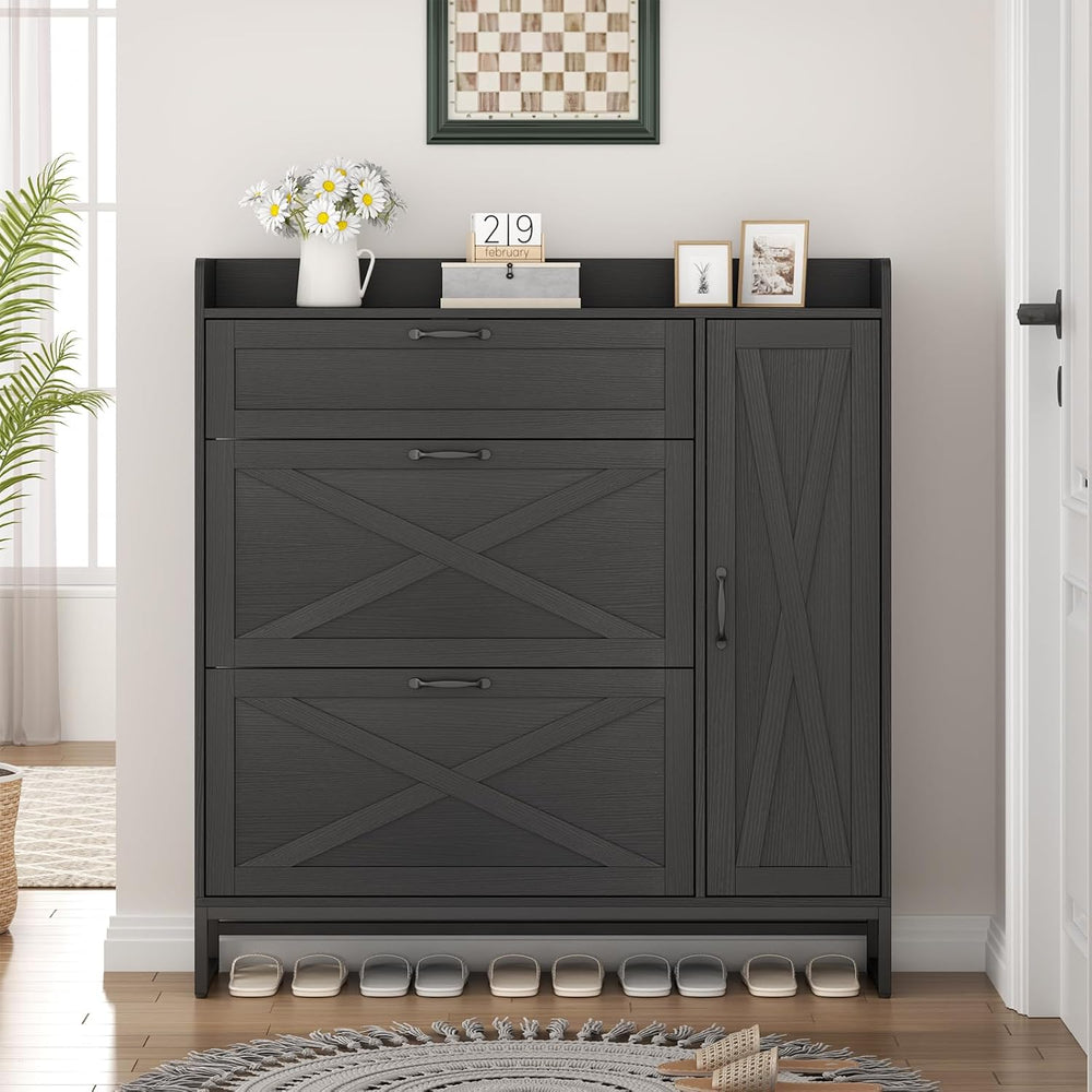 Loomie Farmhouse Flip Drawer Shoe Cabinet, Shoe Organizer with Side Cabinet
