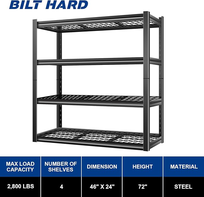 BILT HARD 46" W x 24" D x 72" H Heavy Duty Garage Shelving, 4-Tier Industrial - Image 3