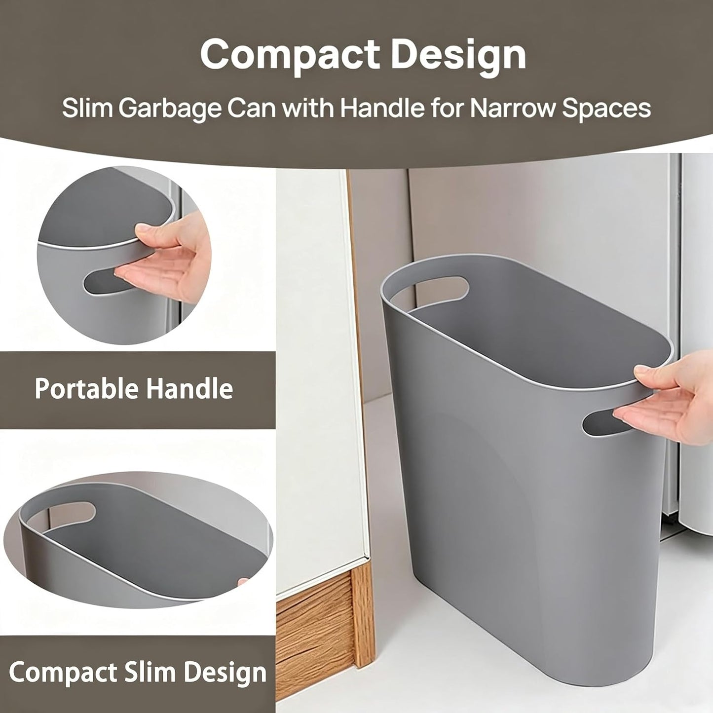 3 Pack Bathroom Trash Can, 3.2 Gallon Slim Waste Basket, Plastic Bathroom Wastebasket Slim Garbage Can for Narrow Spaces Bathroom Bedroom Kitchen Office at Home, Grey