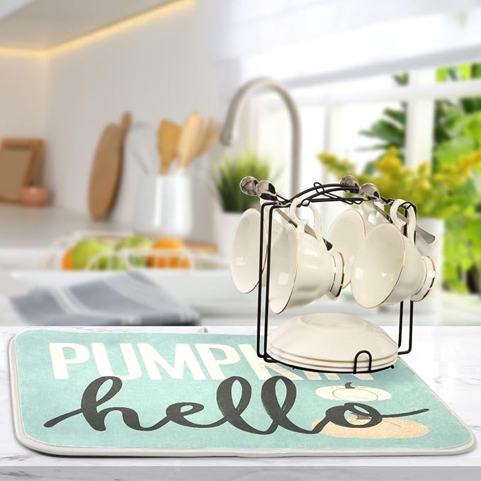 Hello Pumpkin Turquoise Fall Dish Drying Mat - Image 5