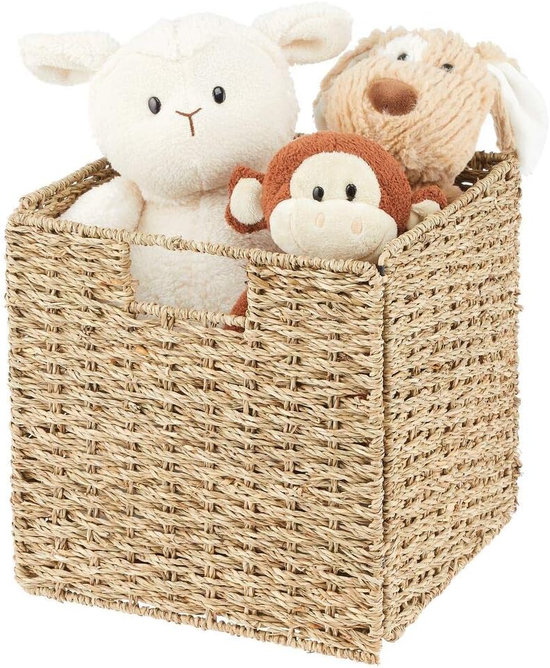 mDesign Seagrass Woven Cube Basket Organizer with Handles - Storage for Bedro...