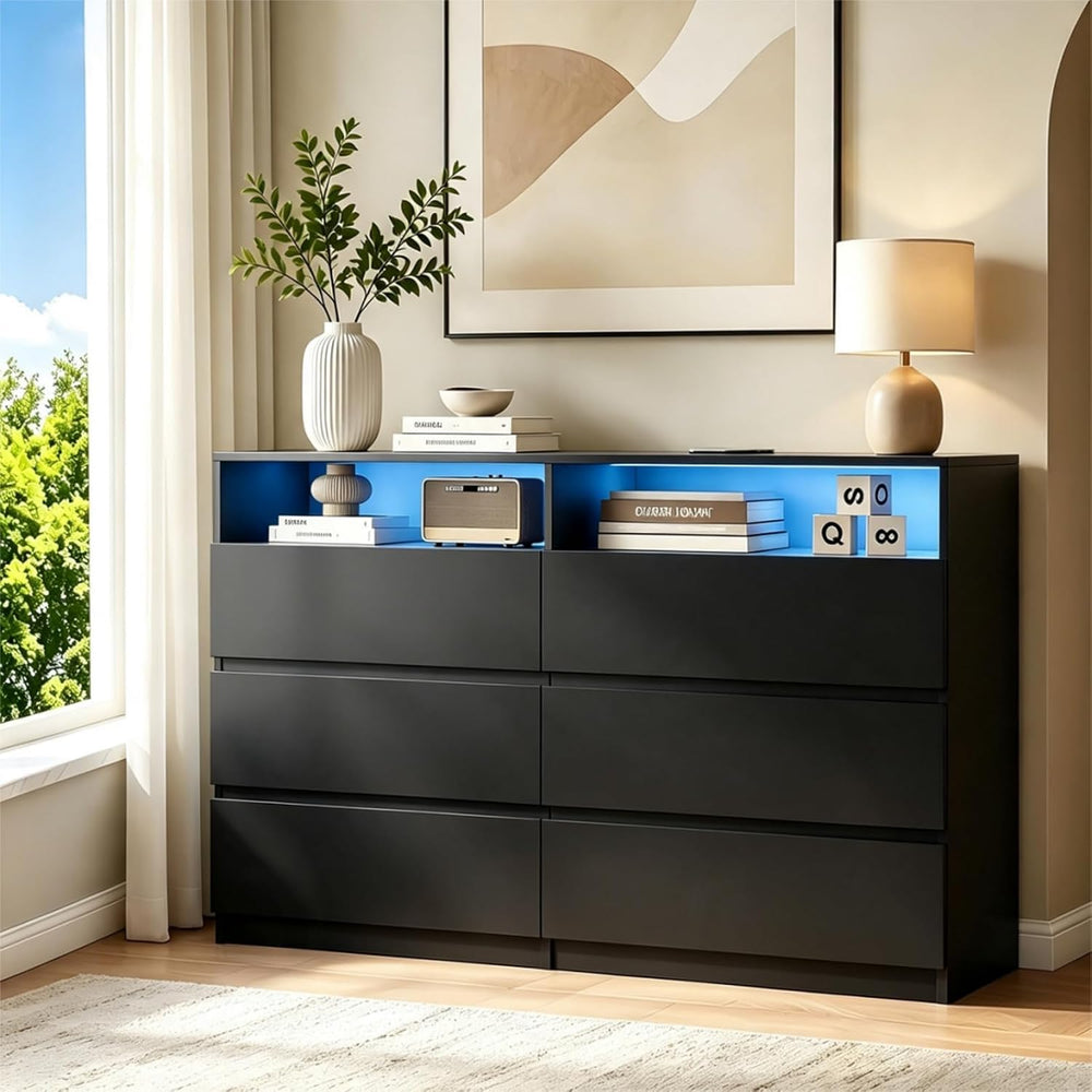 Premium 6 Drawers 2 Shelves 47"L Bedroom Black Dresser with RGB Lights