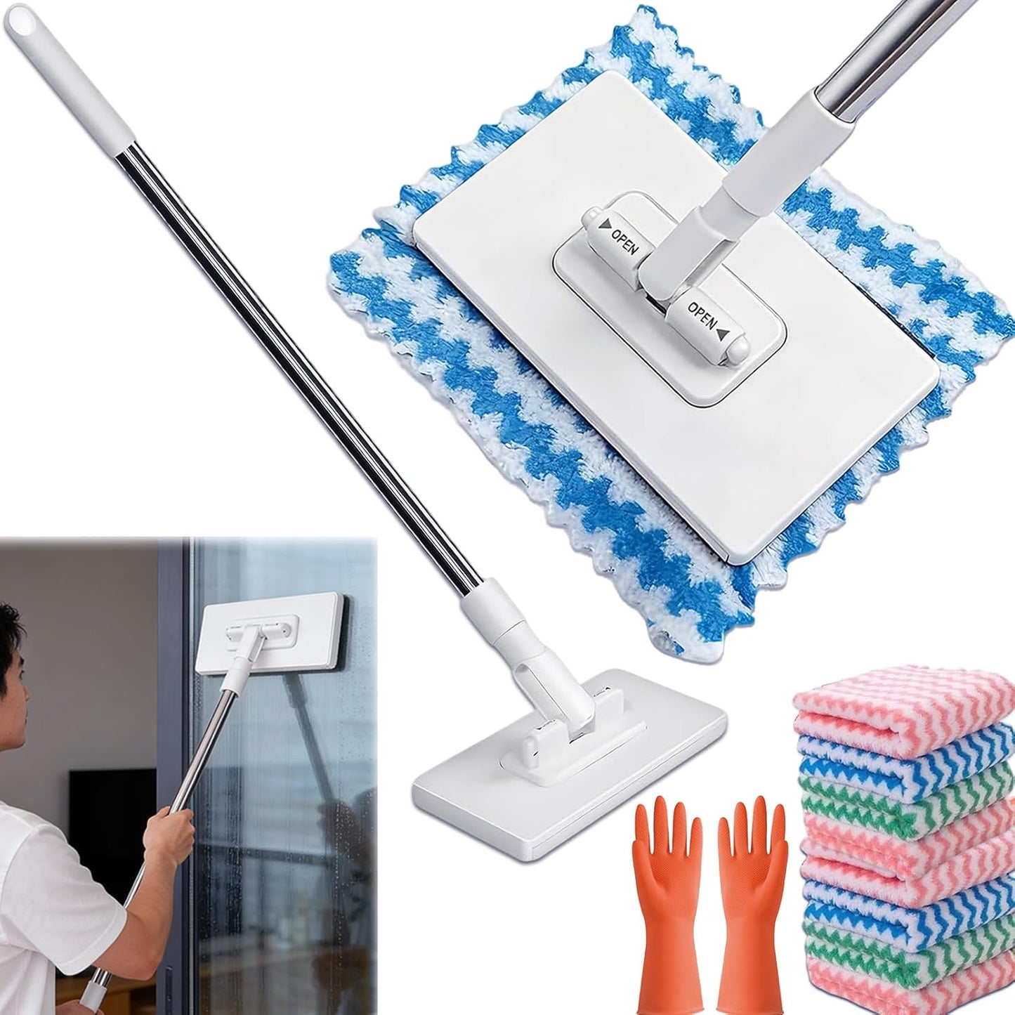 Quick Grip Mini Mop, Zero Touch MiniMop, Disposable Clip Mopstick Reusable Cloths, Retractable Gap Dust Cleaner Flat Mops with Locking Head & Sweeping Cloths (1*mop+10*Cloth)
