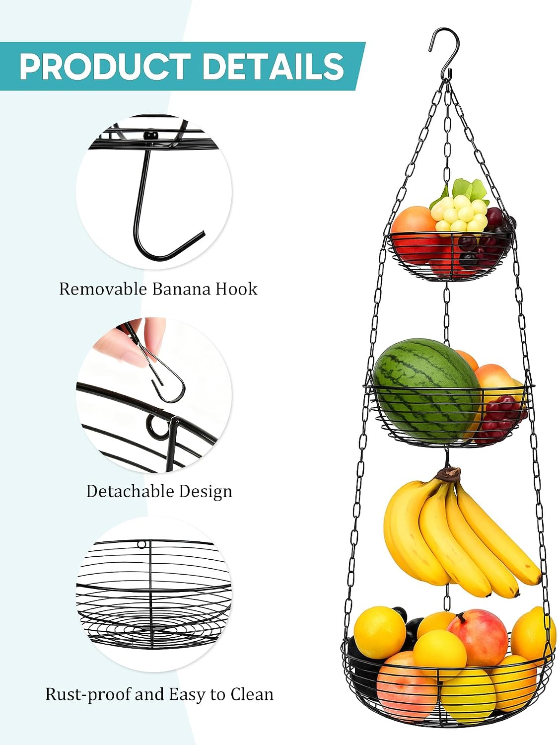 Hanging Fruit Basket for Kitchen, 3-Tier Hanging Fruit Basket | Easy Installation, Ceiling Hook Included, Adjustable Chain, Removable Baskets, Banana Hook, Produce & Vegetable Organizer