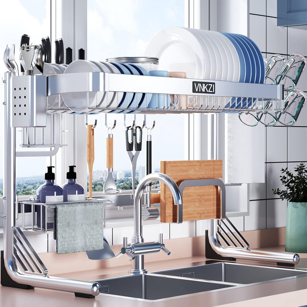 VNKZI Over Sink Dish Drying Rack, 2 Tier Full Stainless Steel Storage Adjusta...