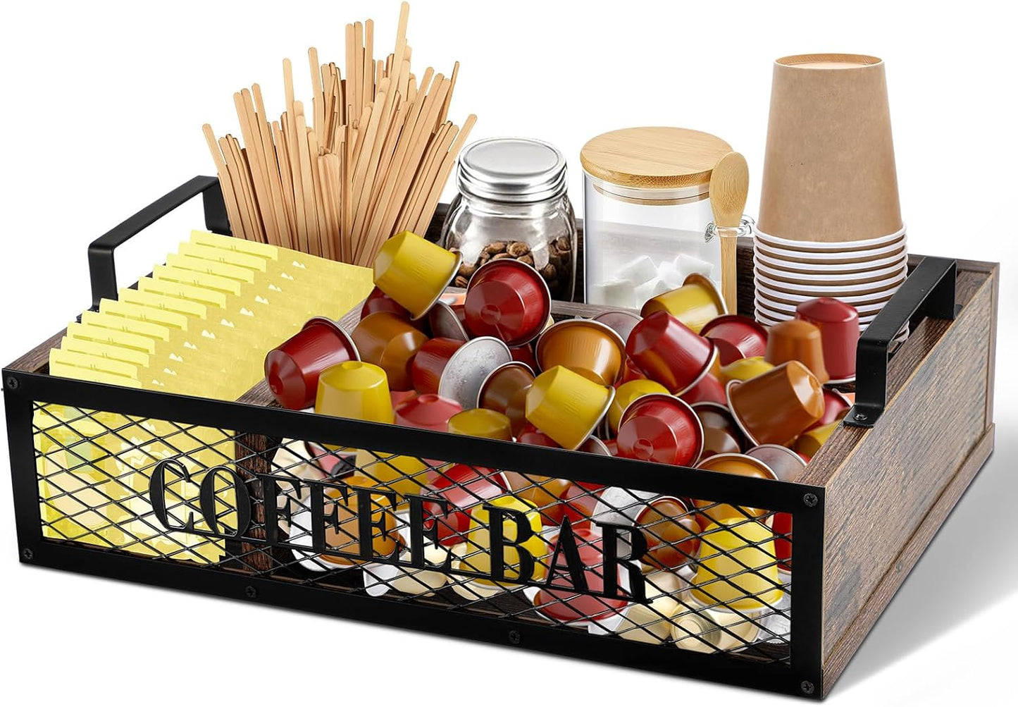 Yalikop Coffee Station Organizer for Countertop, All in One No Assembly Wood Coffee Creamer Bar Holder with Iron Mesh, Office Tea Bar Accessories Gift for New Home Birthday(Brown,Natural)