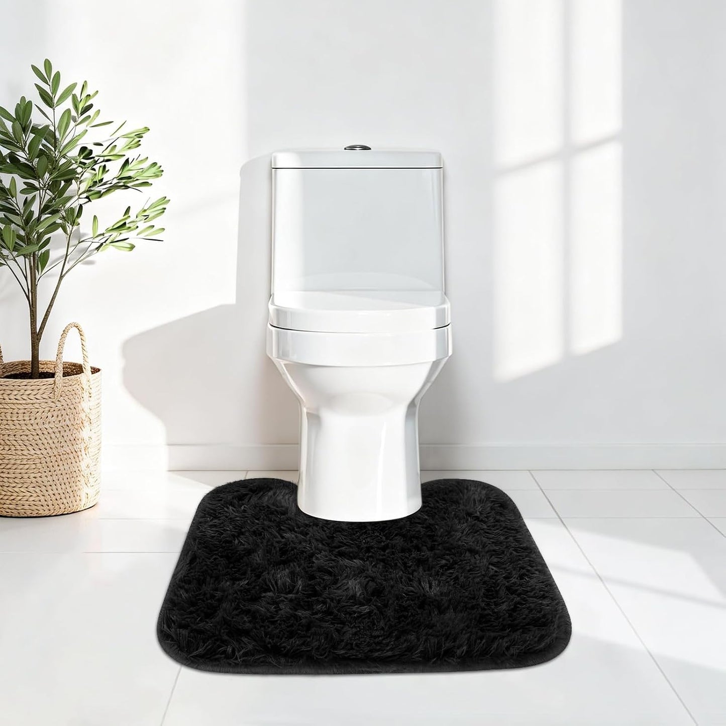 Toilet Rug U Shaped, Soft Fluffy Shaggy Bath Mat, Non Slip Contour Rug for Bathroom Black 20'' x 16''