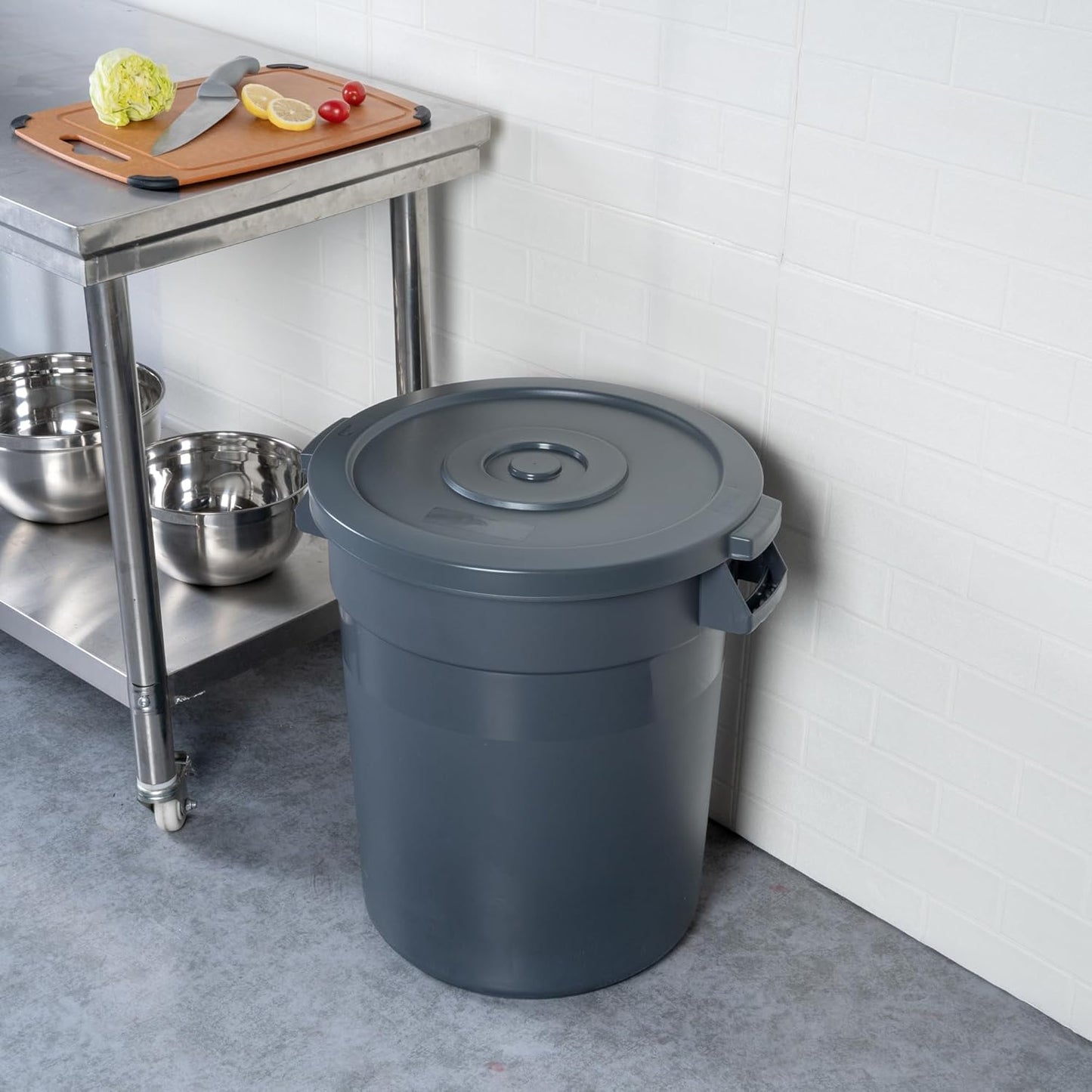 Restaurantware-LID ONLY: RW Clean Waste Container Lid, 1 Round Trash Can Cover - Waste Bin Sold Separately, For 20 Gallon Dustbin, Built-In Handle, Gray Plastic Garbage Can Cover, Heavy-Duty