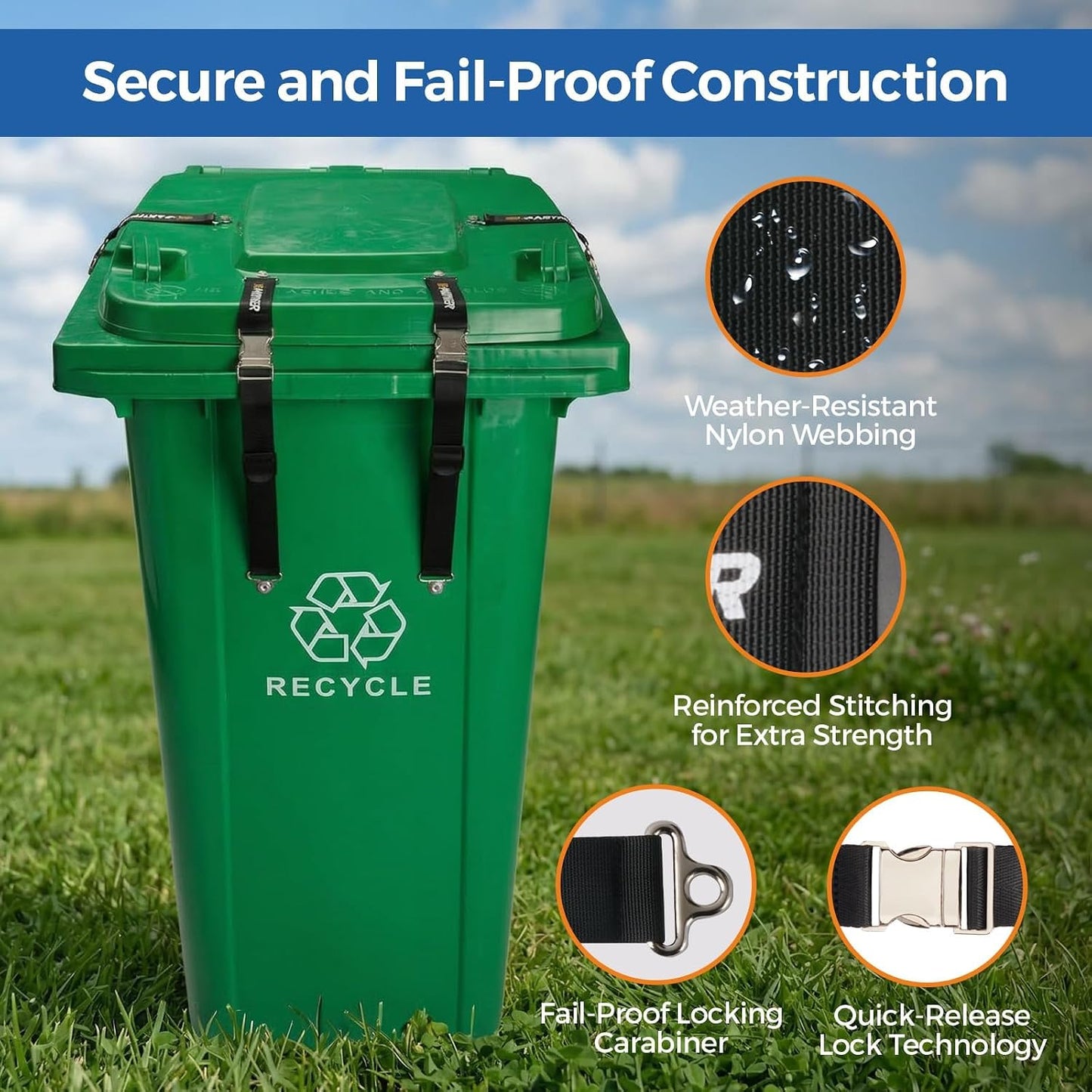 4PCS Heavy-Duty Bear Proof Trash Can Locks - Animal-Proof Garbage Can Lid Straps for 28-96 Gallon Outdoor Bins, Secure Locking Buckle Against Raccoons & Wildlife - Black