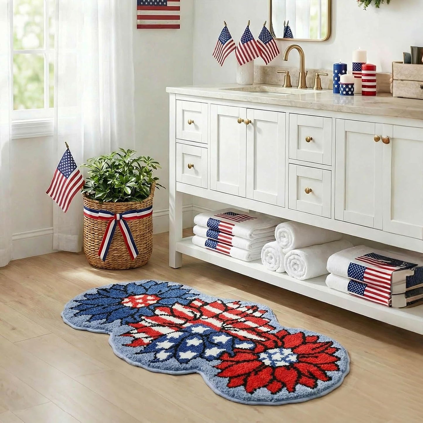 Mocsicka 4th of July Bathroom Rug, Non-Slip 250 Anniversary Patriotic Sunflower Bathroom Mat Machine Washable Tufted Independence Mat, Outdoor Soft Absorbent Rug (Red and Blue, 18x36 inch)