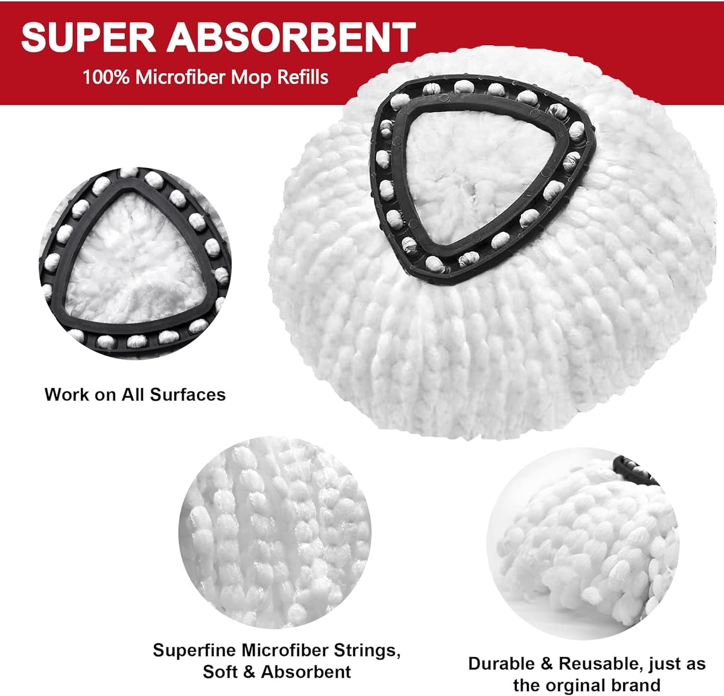 4 Pack Mop Heads Replacements for O-Ceda Easy Wrin Spin System, Microfiber Refills, Easy Cleaning Mop Repalce Head
