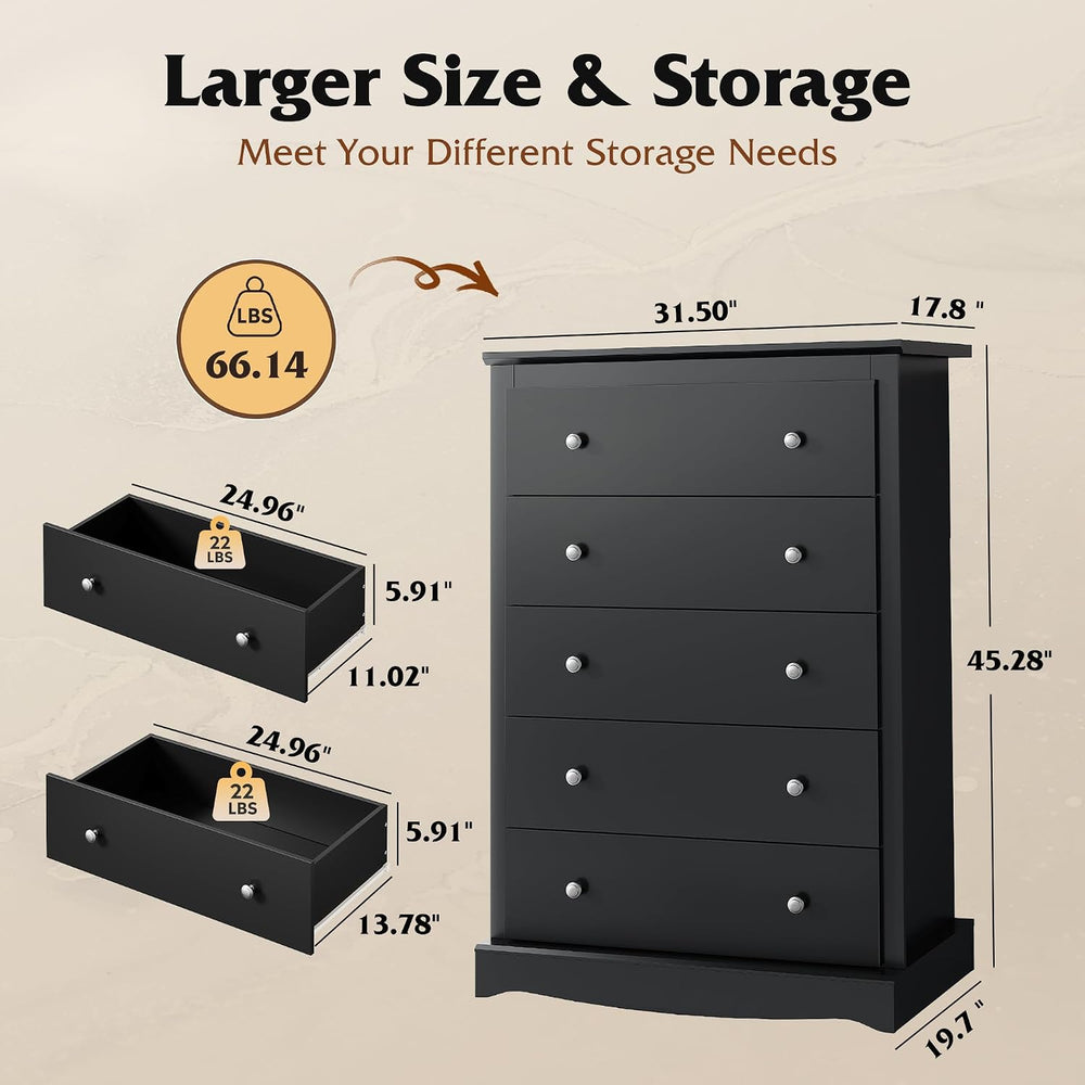 WLIVE 5 Drawer Dresser, 45" Tall Dresser for Bedroom with Exclusive Anti...