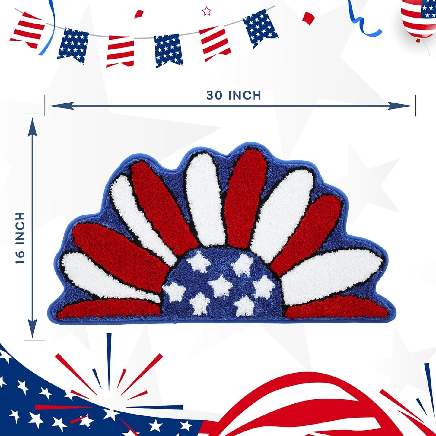 Moutina Memorial Day Daisy Floral Bath Mat 16x30 Inch, Soft and Absorbent Tufted 4th of July Bathroom Rug Non Slip Washable, Patriotic Bathroom Decor Half Circle Rug Holiday Decorations