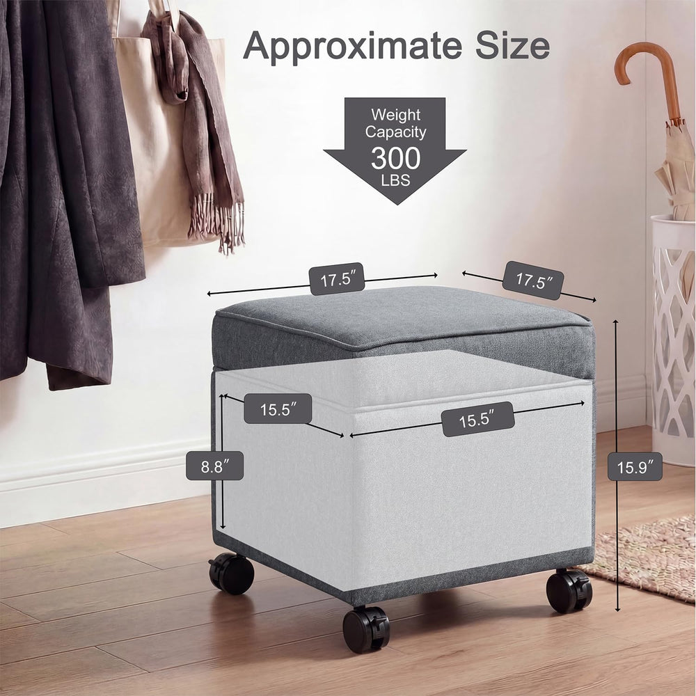 17" Square Storage Ottoman with Wheels, Upholstered Linen Movable Cube F...
