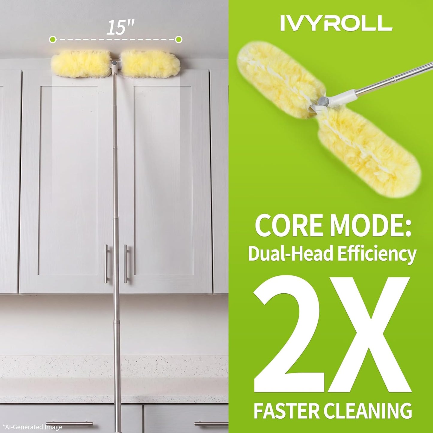 IVYROLL Dual Head Duster with Extended Handle 6 ft, Lockable Extendable Duster Kit with Extension Pole for High Ceiling Fan & Wall, 8 Refills