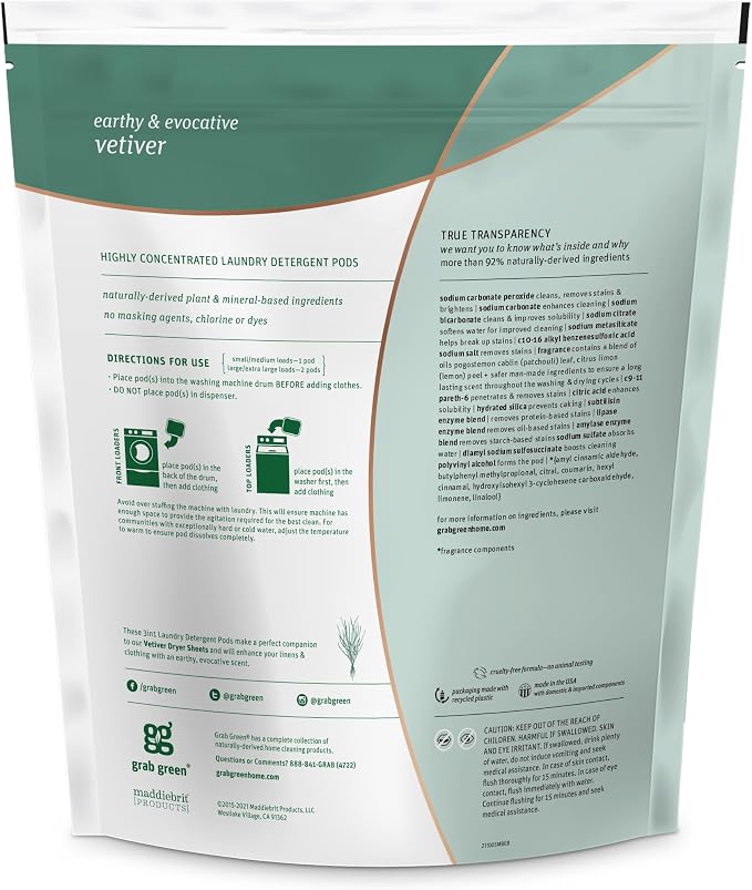 Grab Green 3-in-1 Laundry Detergent Pods, Vetiver Scent, Plant and Mineral Based - Image 3