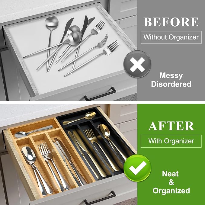 Small Wooden Silverware Organizer Tray Narrow Kitchen Drawer Dividers Utensil - Image 5