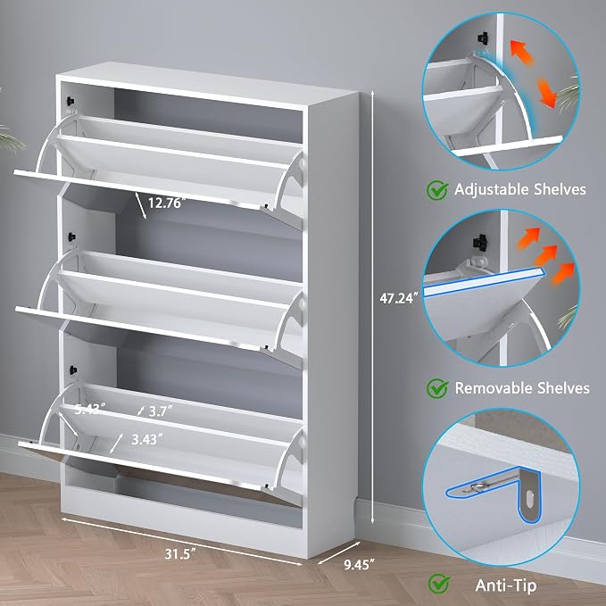 Shoe Cabinet with 3-Flip Mirror Drawers, Freestanding Shoe Rack Organizer with - Image 2