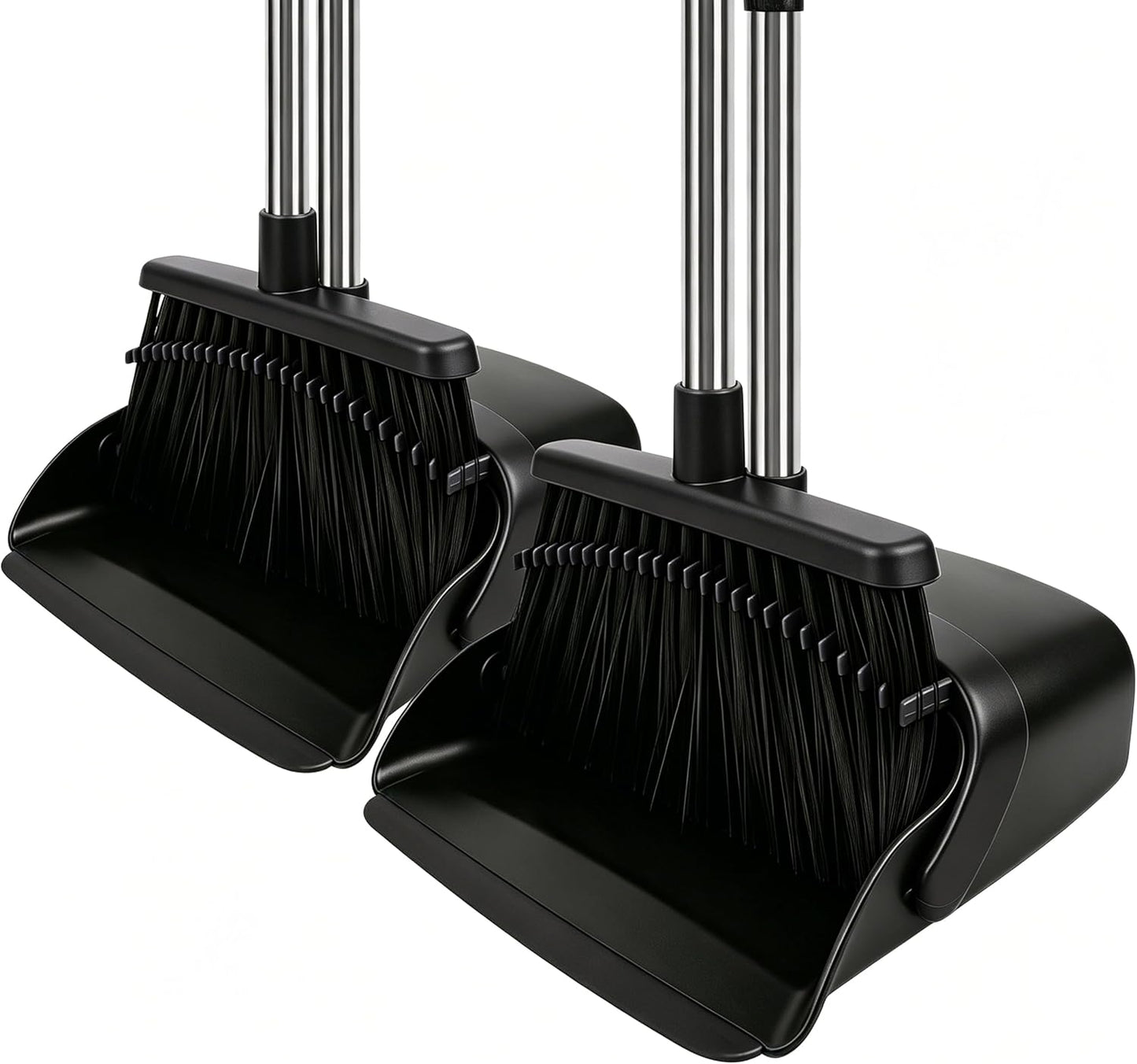 Broom and Dustpan Set 2 Pack, Upright Stand Up Broom and Dustpan Combo with Long Handles, Self-Cleaning Dustpan Teeth, Indoor Outdoor Sweeping Set for Home, Kitchen, Garage Pet Areas Black