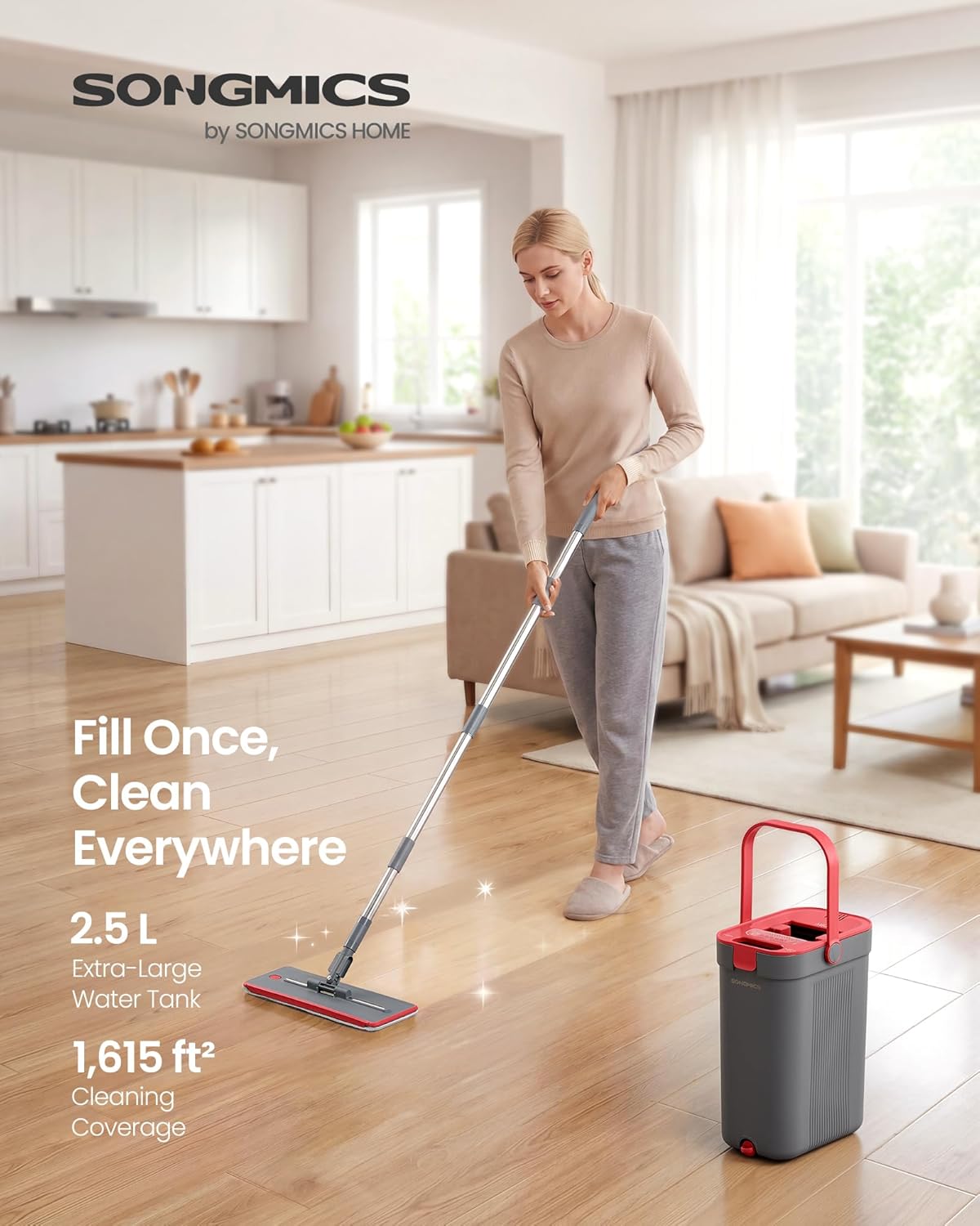 SONGMICS Mop and Bucket Set, Flat Mop with 3-Chamber Clean & Dirty Water Separation System, Wringer Bucket, 360° Rotating Head, 3 Microfiber Pads, Gray and Red ULMB001GT03