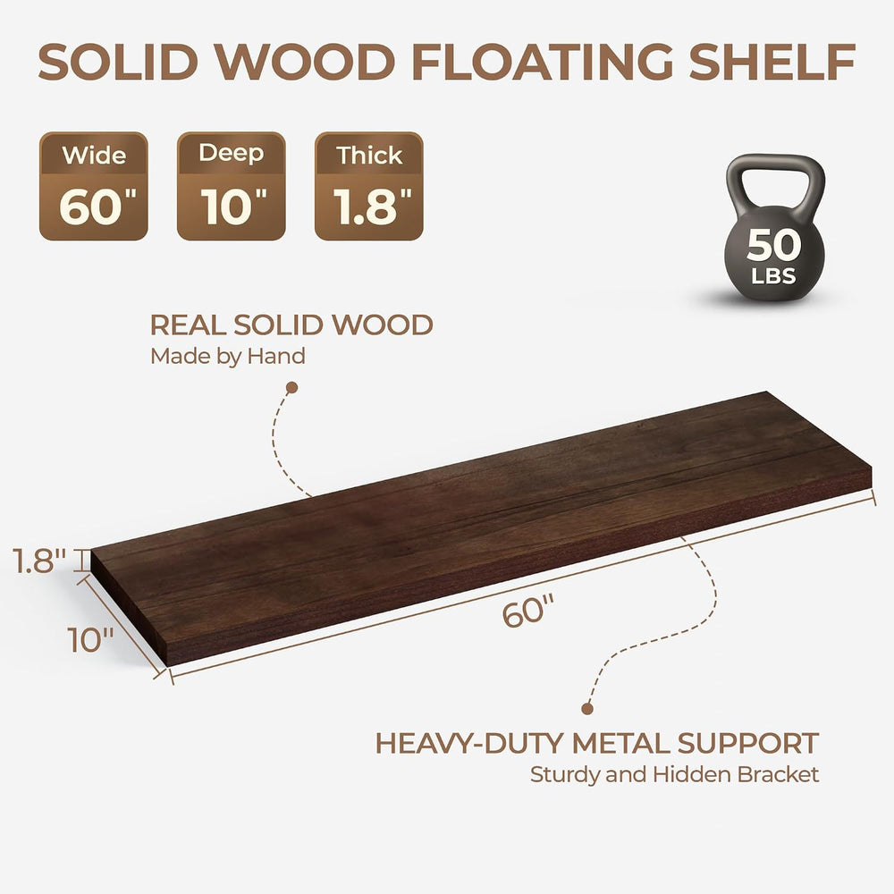 60 Inch Long Floating Shelves for Wall Set of 2, Solid Wood Walnut Floating S...