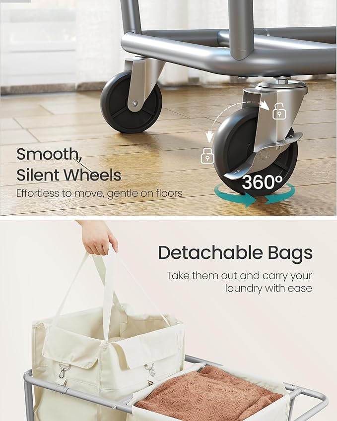 SONGMICS Laundry Basket with Wheels, 50.2 Gallons, 2-Section Rolling Laundry
