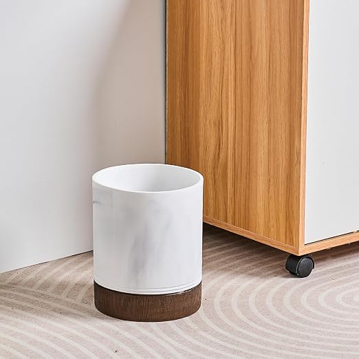 Polytree White Marble and Brown Wood Round Wastebasket, Resin Small Round - Image 2