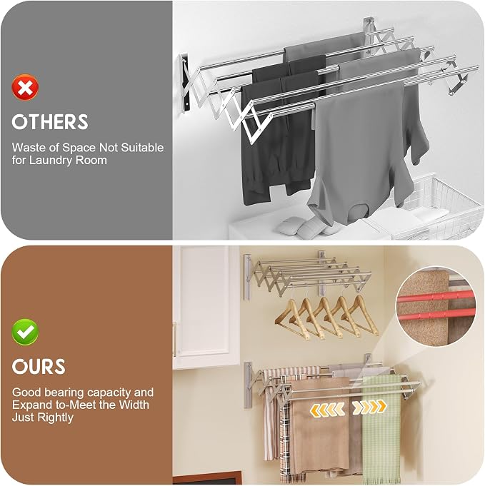 X-cosrack Wall Mounted Clothes Drying Rack, Wide Large Rustproof Retractable - Image 3