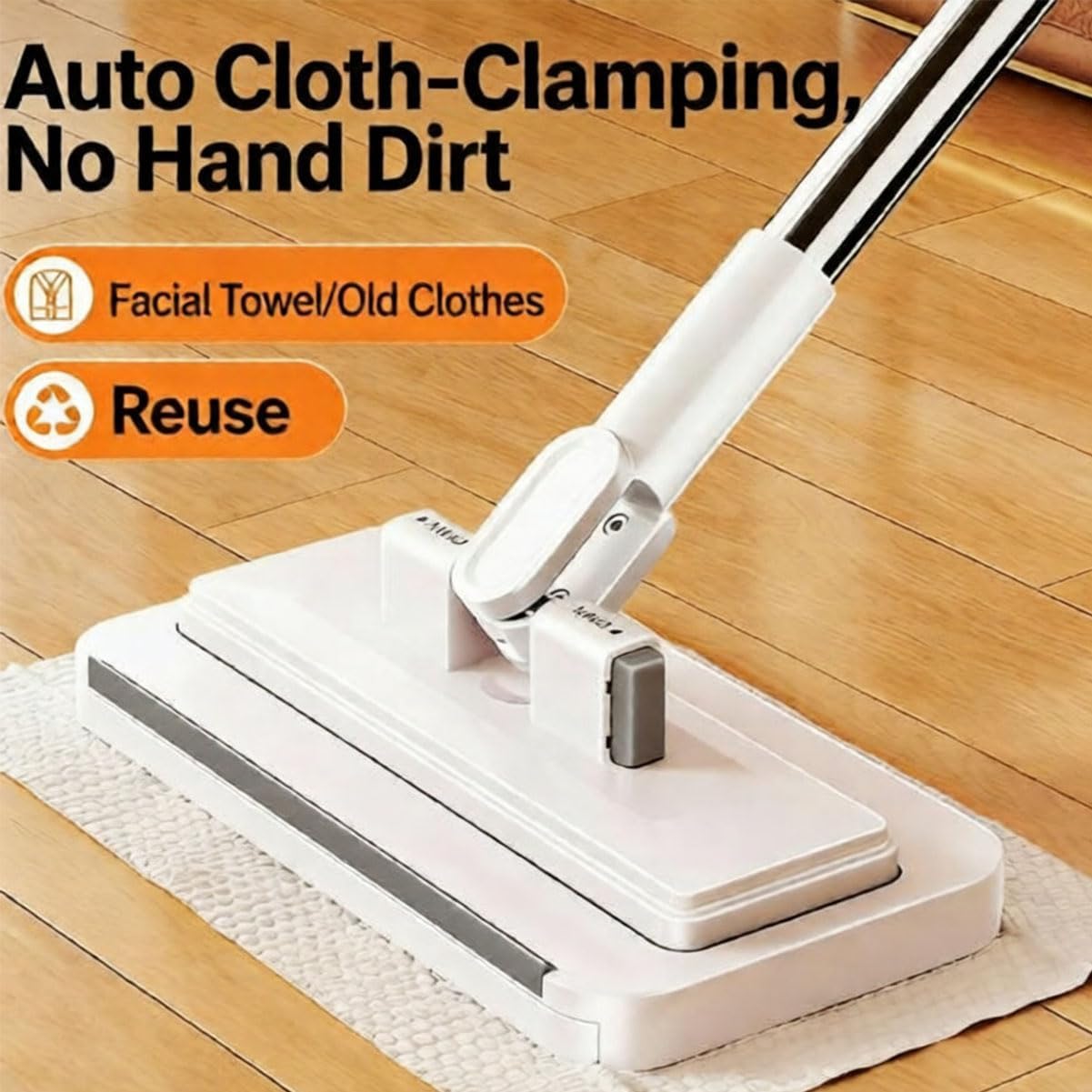Hands Free Multi Purpose Flat Mop - Lazy Cleaning & Face Towel, Hands Free Flat Mop, Zero Touch Mini Grip Mops, Self-Locking Flats Compatible with Any Cloth, for Walls, Floors, Ceilings (43.31in)