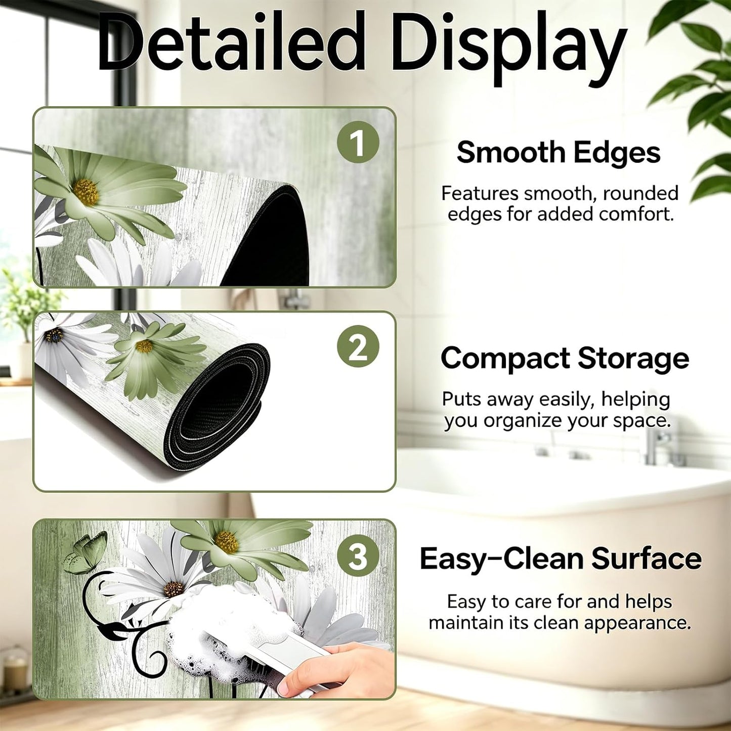 Onalasyc Bathroom Rug Sets 3 Piece,Green Daisy Rustic Farmhouse Flowers Butterfly Bath Rug Non Slip Quick Dry Diatomaceous Earth Bath Mat Wood Vintage Decor Washable Suitable for Bathroom,Tub,Shower