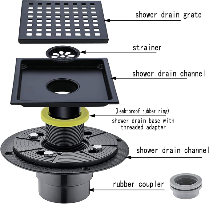 RANDOM Square Shower Drain 6 Inch Matte Black Stainless Steel Shower Floor - Image 3