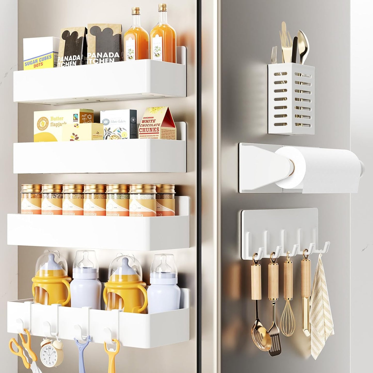 Mystozer Magnetic Spice Rack for Refrigerator,7 Pack Magnetic Shelf,Fridge Magnet Organizer with Paper Towel Holder,Utensils Racks,Hook Rack,Fridge Organizers and Storage White(7 Pack)