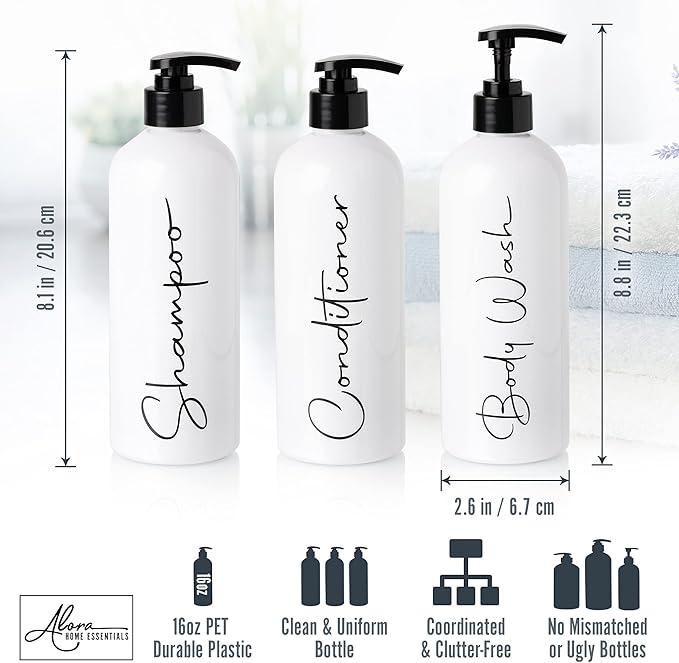 Alora 16oz Refillable Shampoo and Conditioner Dispenser Bottles - Image 3