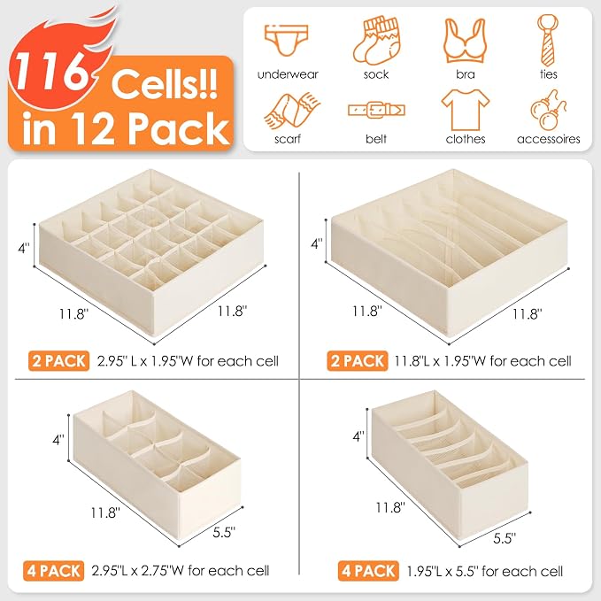 12 Pack Baby Clothes Organizer for Nursery, 116 Cells Fabric Foldable Dresser - Image 2