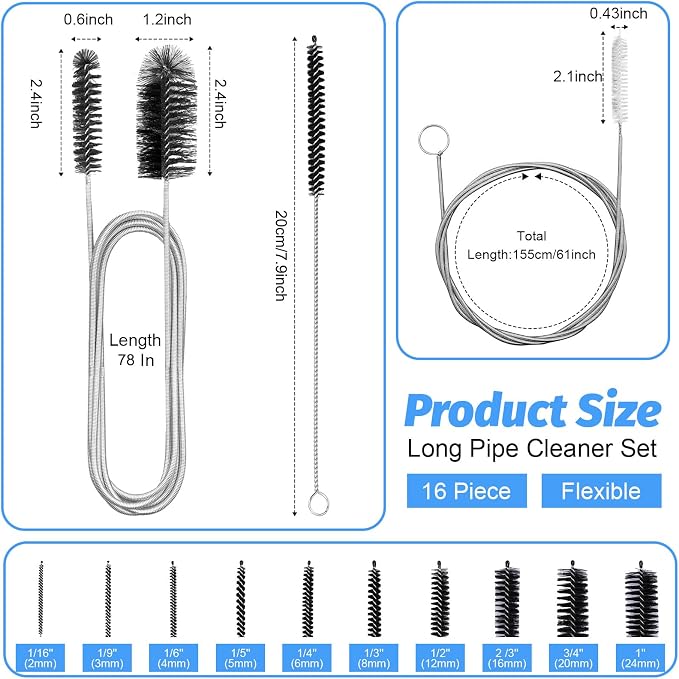 16pcs Long Tube Cleaner Set, Extra Long Hose Cleaning Brush, Pipe Cleaning Brush - Image 2