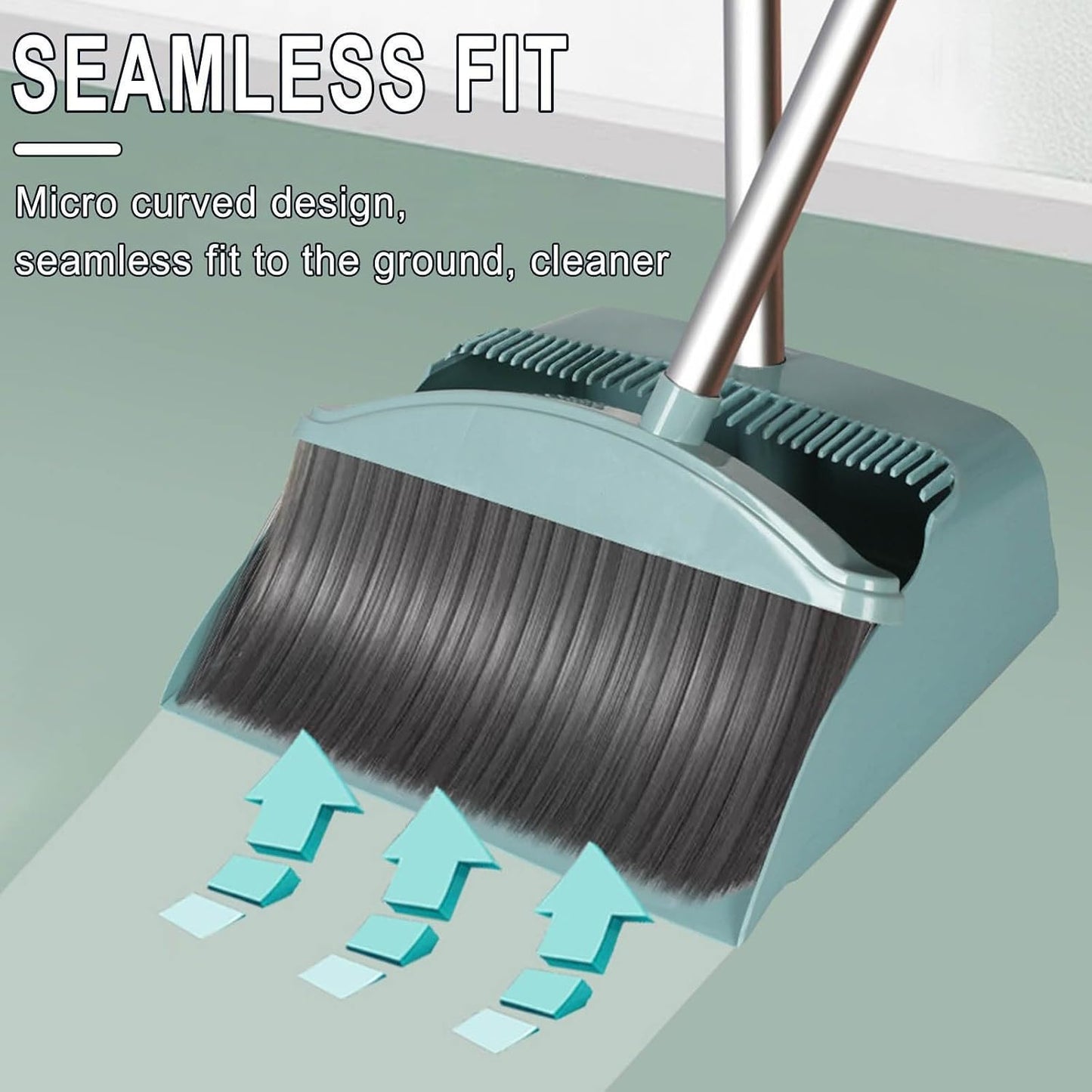 Broom and Dustpan Set, 32" Stainless Steel Long Handle,Standing Storage, Indoor Sweeping Combo for for Home & Kitchen, Broom with Dustpan Combo Set, Teeth Comb, Green