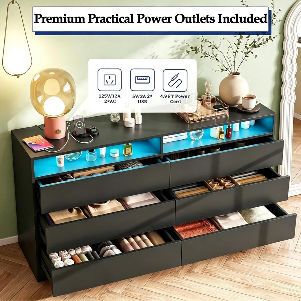 Premium 6 Drawers 2 Shelves 47"L Bedroom Black Dresser with RGB Lights