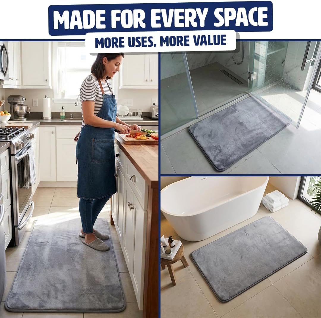 Muddy Mat® Memory Foam Bath Mat – Velvet Soft Non Slip Bathroom Rugs, Thick Absorbent Bath Rugs, Washable Bath Mat for Bathroom Floor and Shower, Grey 2ft x 3ft