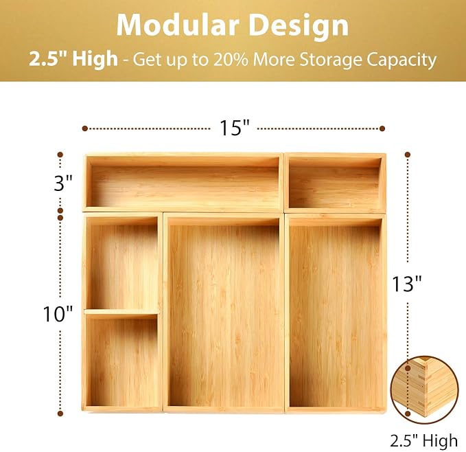 Umilife Drawer Organizer Storage Boxes, 2.5" High Bamboo Drawer Dividers - Image 2