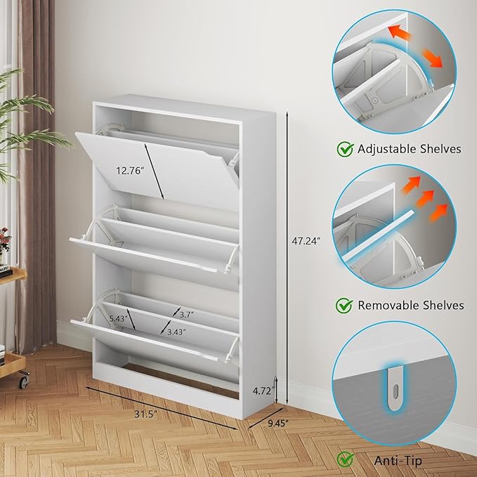 Shoe Cabinet with 3 Flip Drawers, Hidden Wood Shoe Cabinet, Freestanding Shoe - Image 2