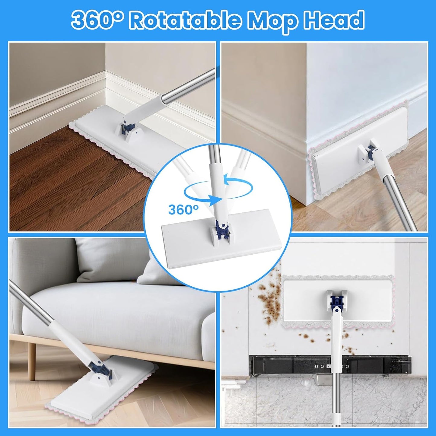Snap Grip Mini Mop with 6 Washable Pads, Lazy Dry Wet Mops Household Items for Wall Window Ceiling, Dust Mop with 47" Handle, Zero-Touch Flat Floor Mops for Floor Cleaning for Home Kitchen Bathroom