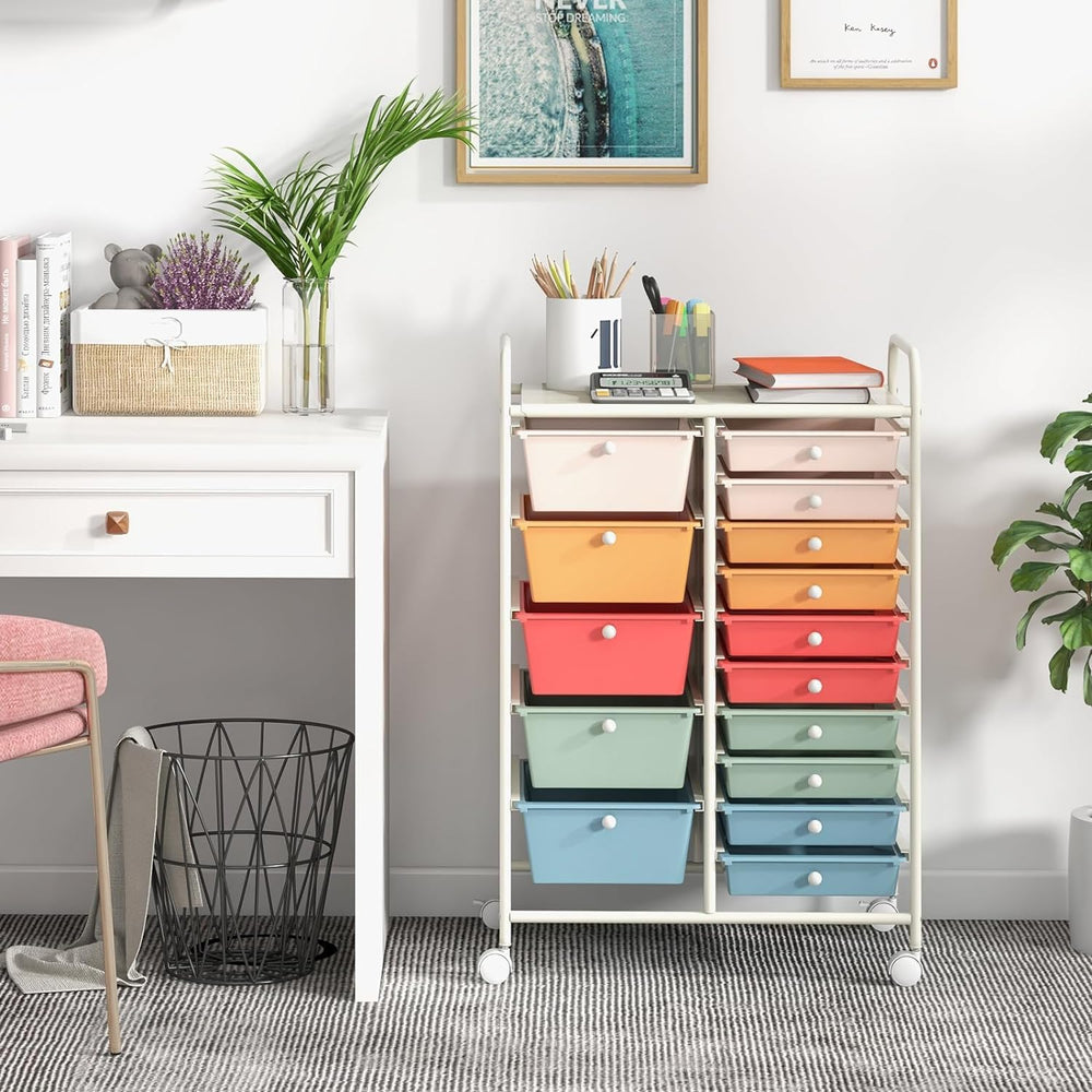 LDAILY 15 Drawer Rolling Storage Cart, Rolling Cart with Drawers for Classroo...