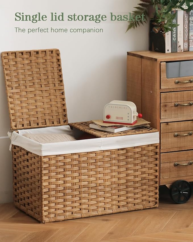 Storage Basket with Lid Rattan Storage Basket with 2 Separate Lid, 27.8 Gallon - Image 2