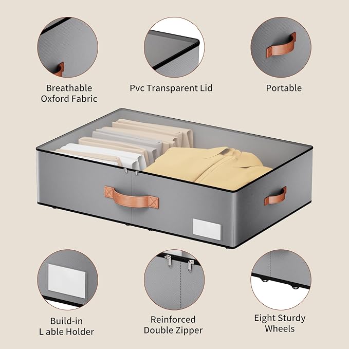 Under bed Storage With Wheels, Large Capacity 7.5 inches Height Storage Bins - Image 4