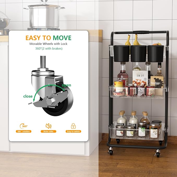 3 Tier Rolling Cart with Metal Handle, Hanging Cups, Plastic Storage Baskets & - Image 2