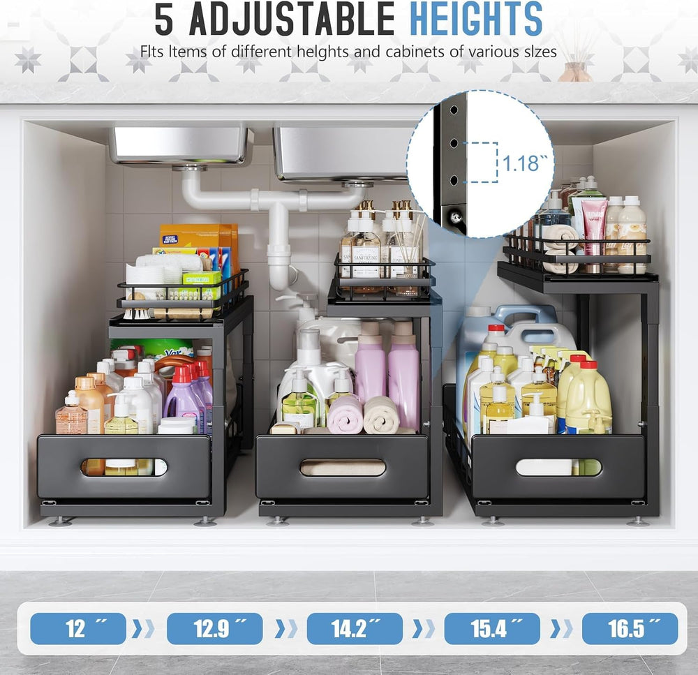 Under Sink Organizer Upgrade To Professional Rails,2-Tier Dual Pull Out Cabin...