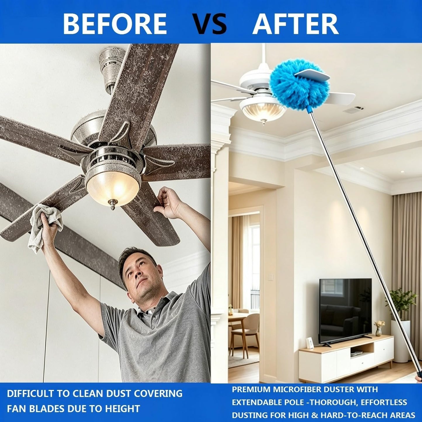 64.15" Adjustable Ceiling Fan Duster,Washable Reusable Microfiber,Ladderless