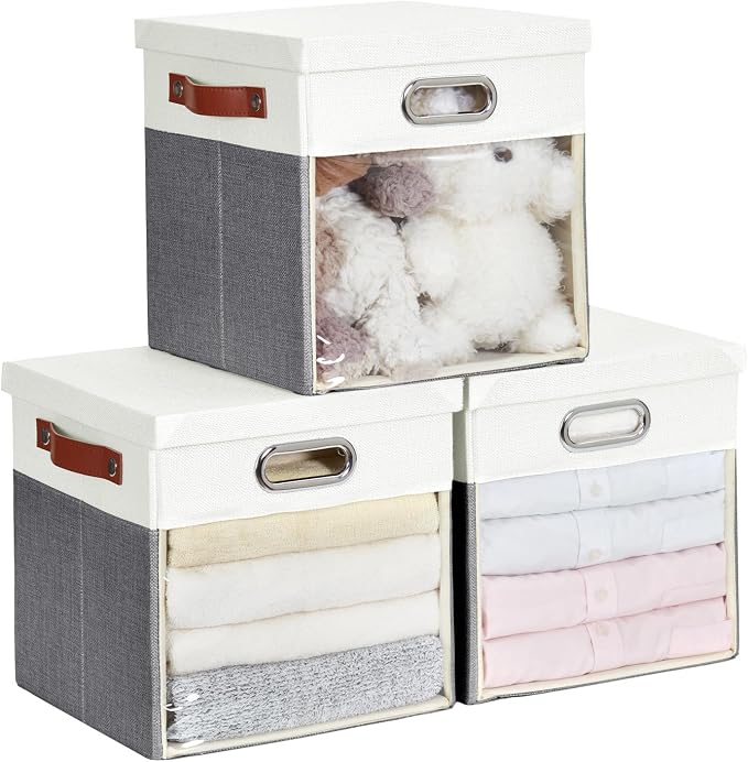 Fabric Storage Cubes with Clear Windows and Lids, Decorative Storage Boxes by Roobyl