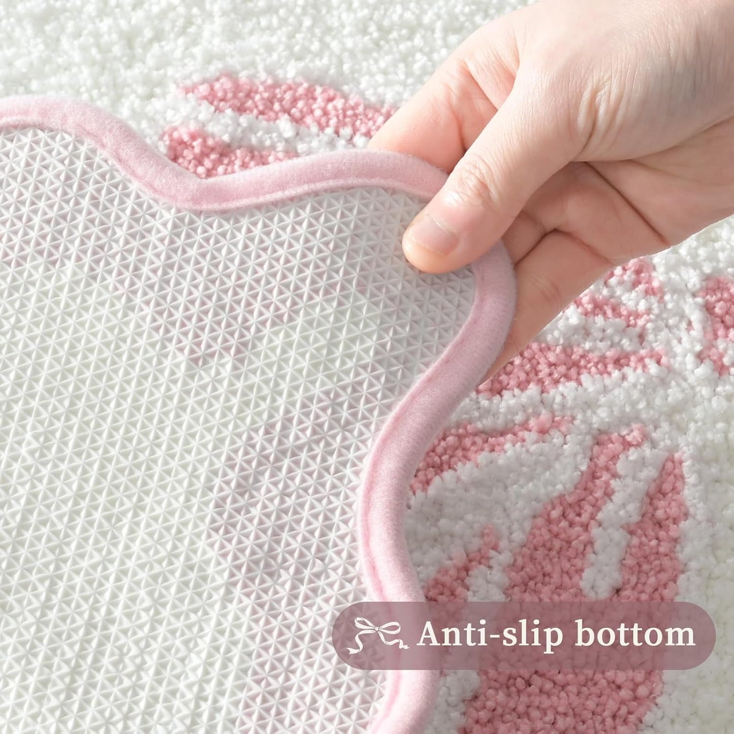 Anybar Bow Bath Mat Pink White Bathroom Rug Cute Scalloped Rugs Non Slip Floor Carpet Microfiber Bathmat Soft Super Absorbent Machine Washable Bathmat for Shower Scallop Bathroom Mats（18x25 inch）